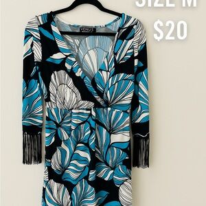 VENUS Black and Blue Leaf Print Dress